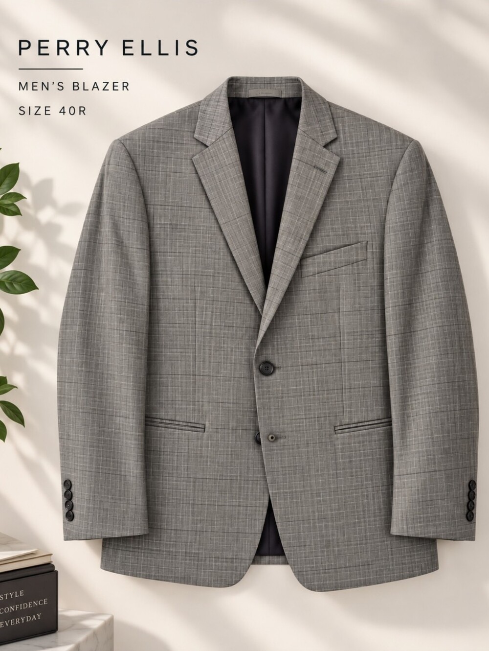 EUC Perry Ellis Men's Gray Plaid Pattern Blazer w/Classic Tailored Design, 40R